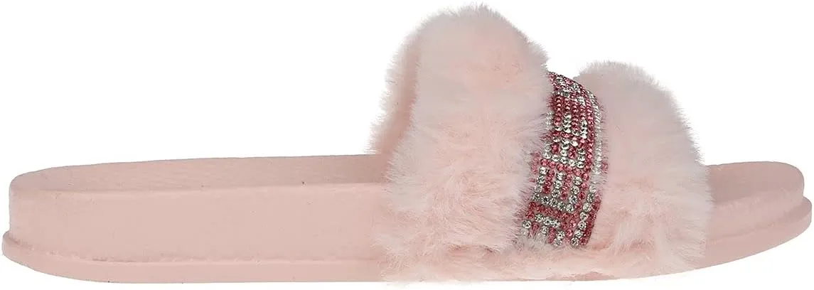 bebe Girls Cute Fur Rhinestone Logo Design Soft and Sparkling Fluffy Slide Sandals for Girls