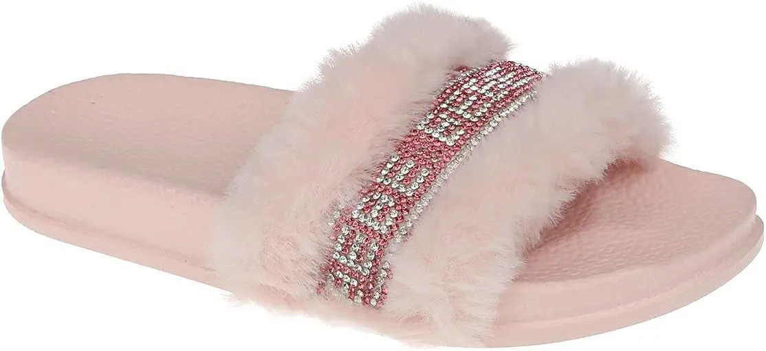 bebe Girls Cute Fur Rhinestone Logo Design Soft and Sparkling Fluffy Slide Sandals for Girls