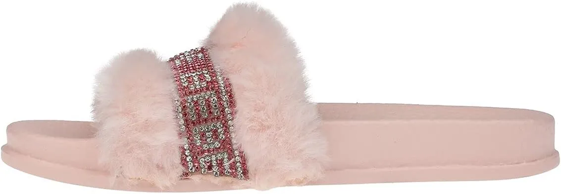 bebe Girls Cute Fur Rhinestone Logo Design Soft and Sparkling Fluffy Slide Sandals for Girls