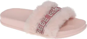 bebe Girls Cute Fur Rhinestone Logo Design Soft and Sparkling Fluffy Slide Sandals for Girls
