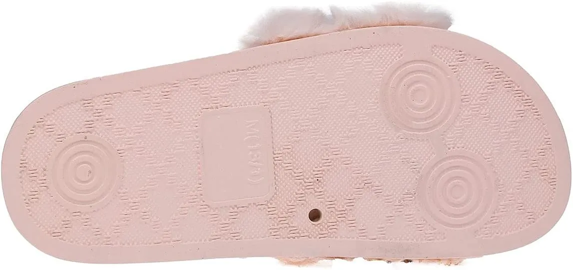 bebe Girls Cute Fur Rhinestone Logo Design Soft and Sparkling Fluffy Slide Sandals for Girls