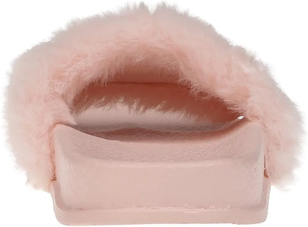 bebe Girls Cute Fur Rhinestone Logo Design Soft and Sparkling Fluffy Slide Sandals for Girls