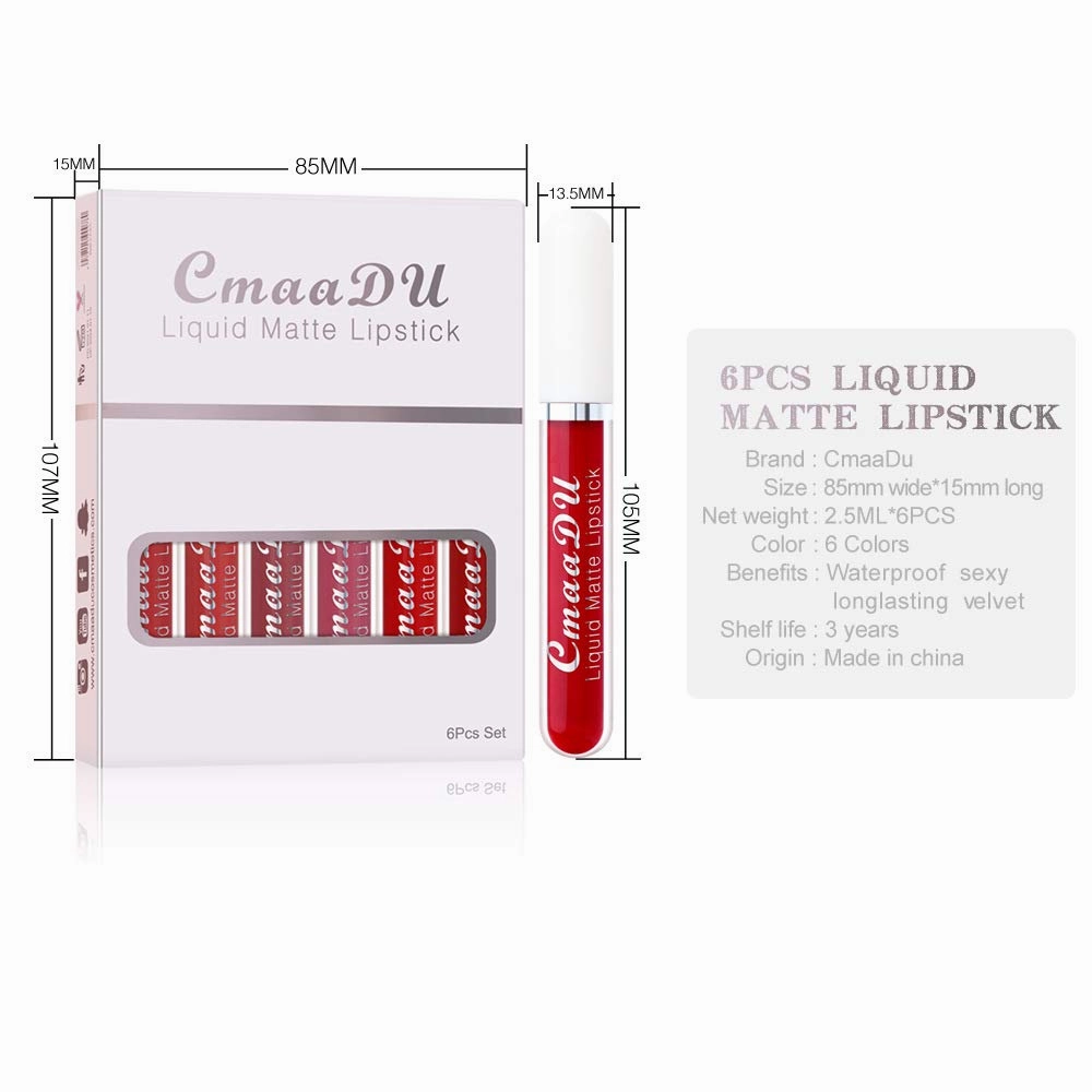 CmaaDu 6Pcs Matte Liquid Lipstick Lipgloss Lip Gloss Stain Makeup Set for Women, Deep Dark Red Original 24 Hour Matte Lipstick Long Lasting labiales matte mate larga duracion 24 horas originales A-03