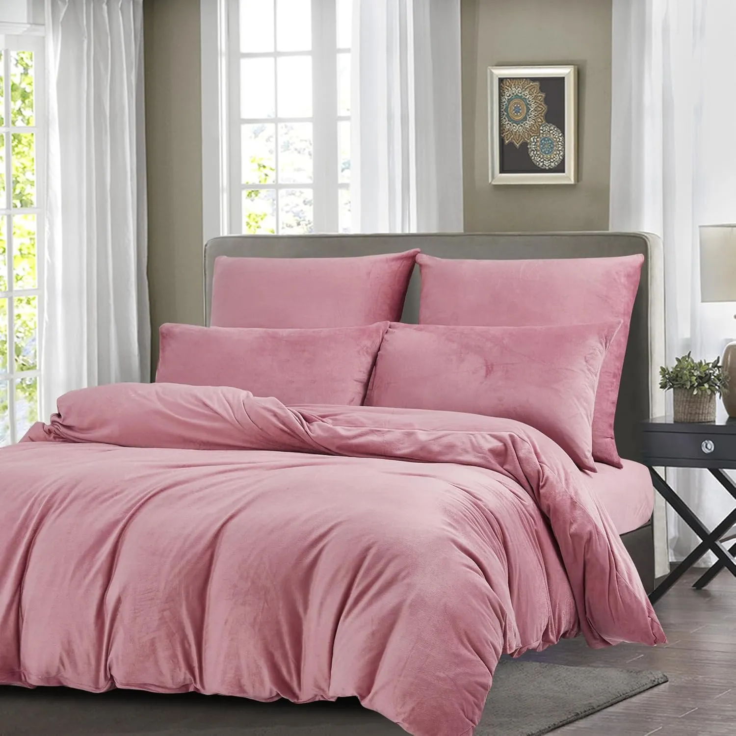 Crystal Velvet King Duvet Cover Set Blush Pink, Soft Warm Flannel Comforter Cover King Size for Fall Winter Spring, 3 Pieces Luxury Fluffy Silky Velour Bedding Duvet Cover 104" x 90"