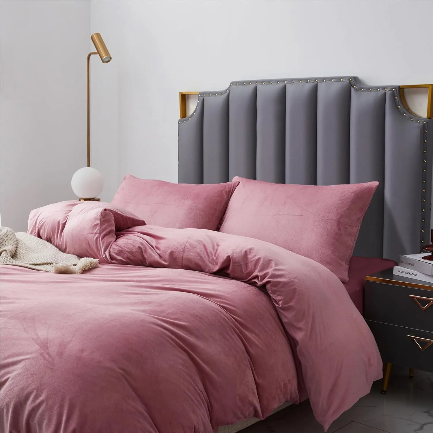 Crystal Velvet King Duvet Cover Set Blush Pink, Soft Warm Flannel Comforter Cover King Size for Fall Winter Spring, 3 Pieces Luxury Fluffy Silky Velour Bedding Duvet Cover 104" x 90"