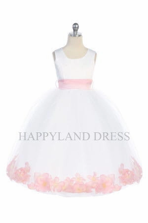 D2570 White Dress with Flower Petals and Sash (26 Diff. Colors)