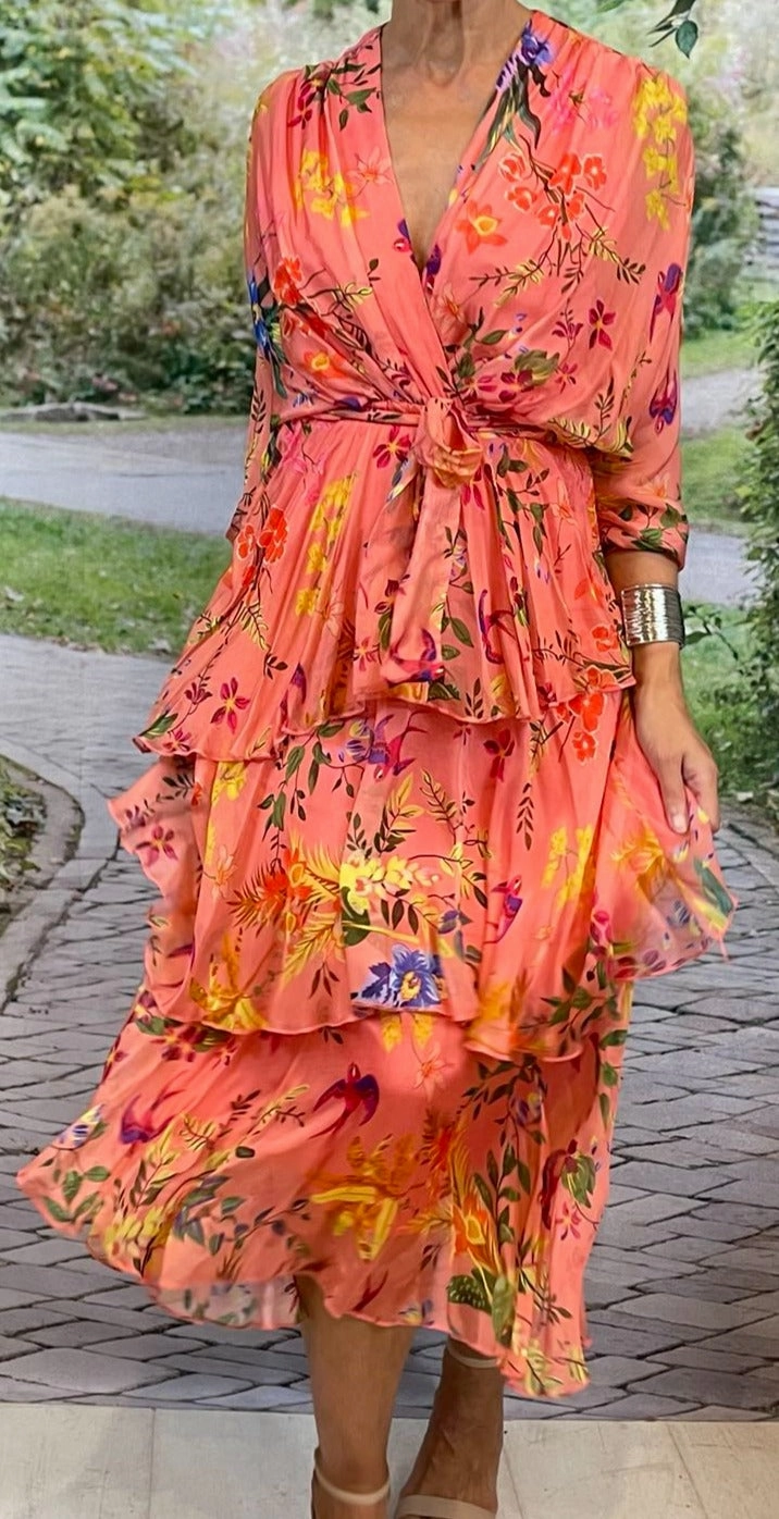 Dress Cross Over Neckline Long Sleeve