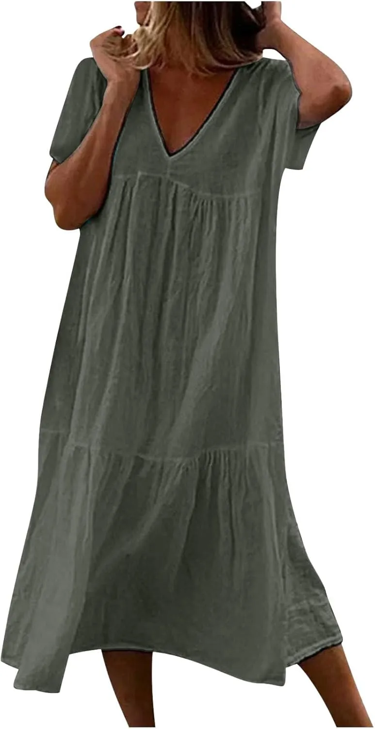 Dresses for Women 2024 Casual Tiered Gradient Summer Flowy Dresses V Neck Short Sleeve Loose Maxi Sundress Dresses