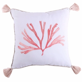Embroidered Coral with Tassels Pillow