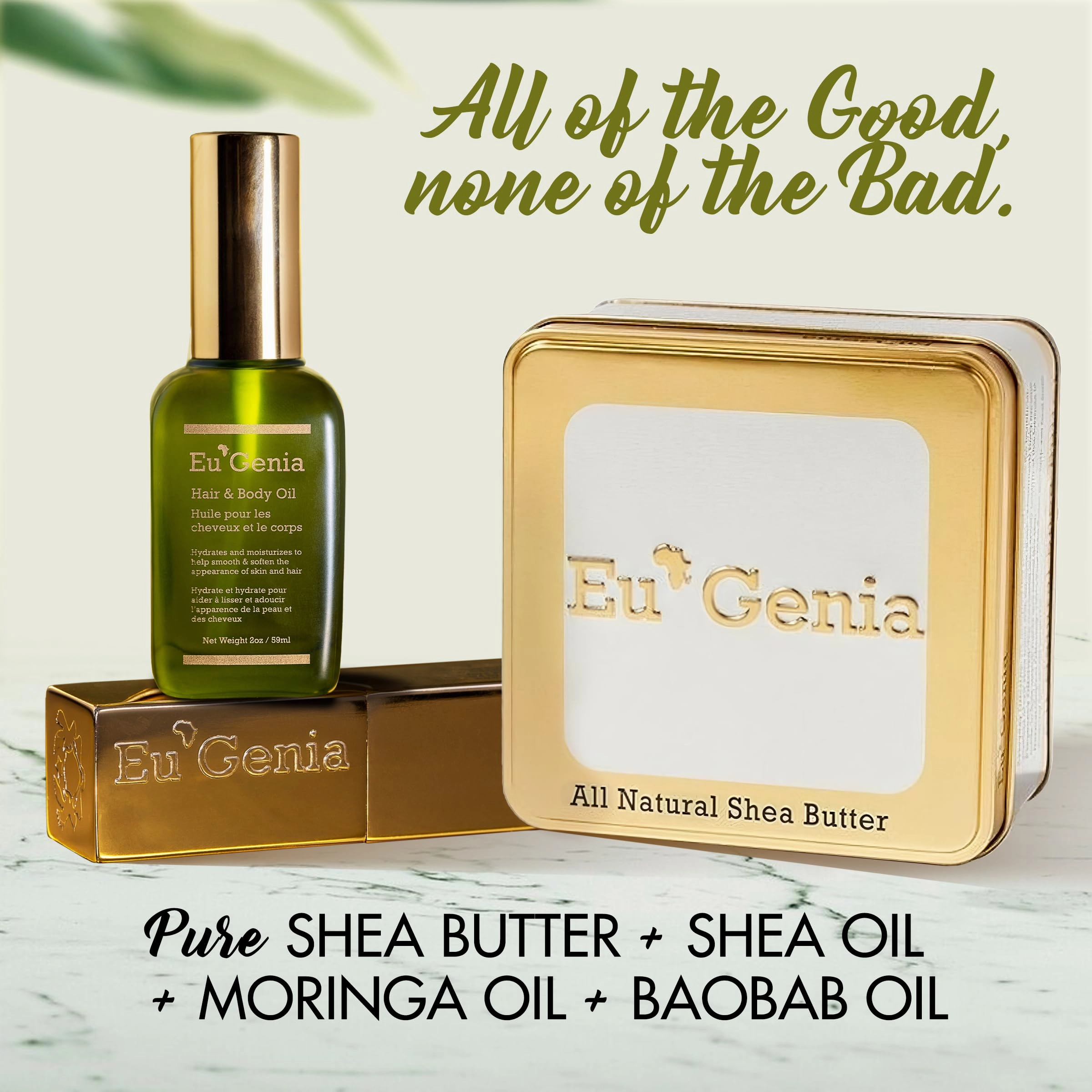 Eu'Genia Shea Face, Lip & Body Shea & Moringa 3-PC Gift Set – Hydrating Lip Balm, Nourishing Body Oil, 12oz Dermatological Shea Butter – Natural Skincare