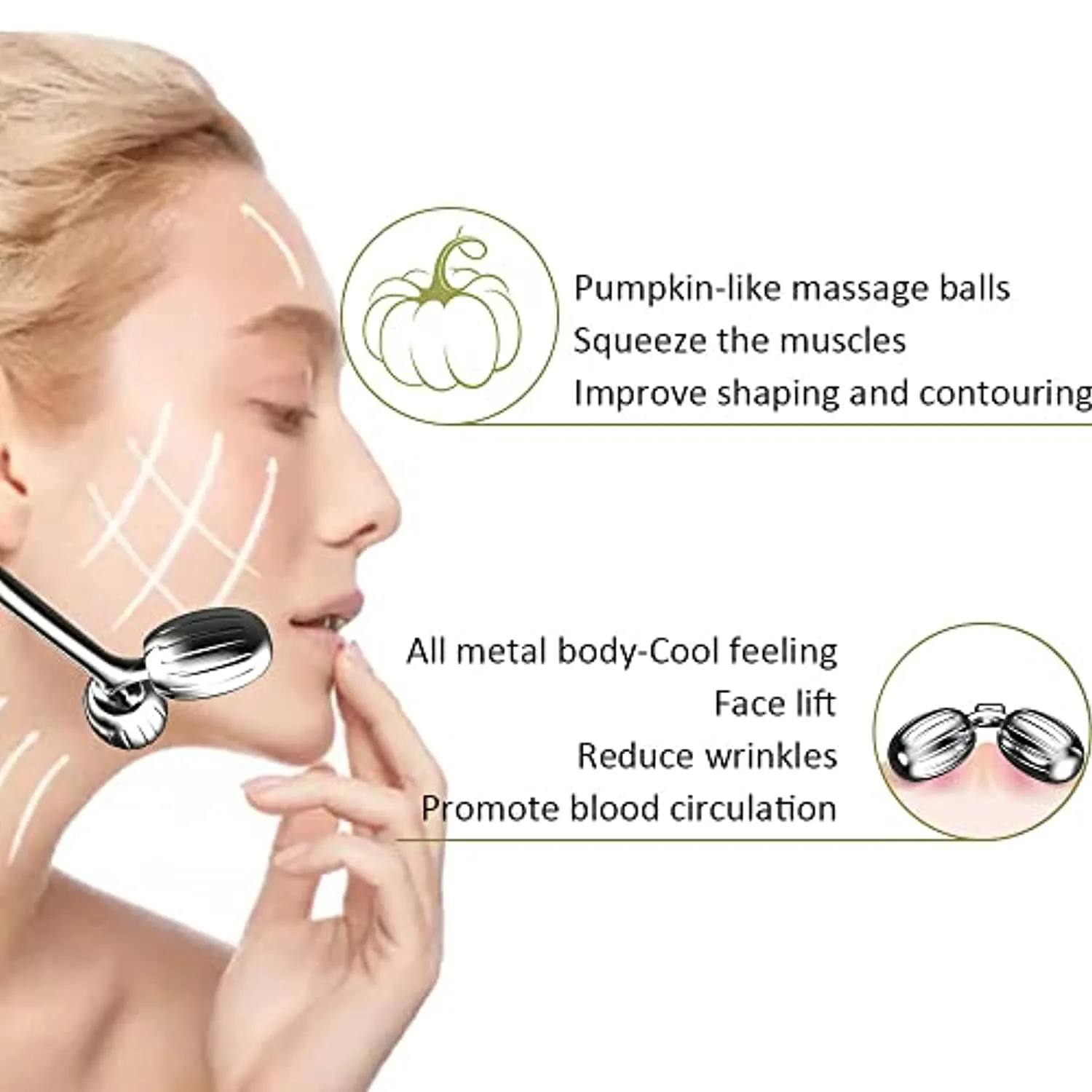 Face Massager, Metal Face Roller Gua Sha Massage Tool for Face Neck Eye Body Skin Care, Facial Roller for Women