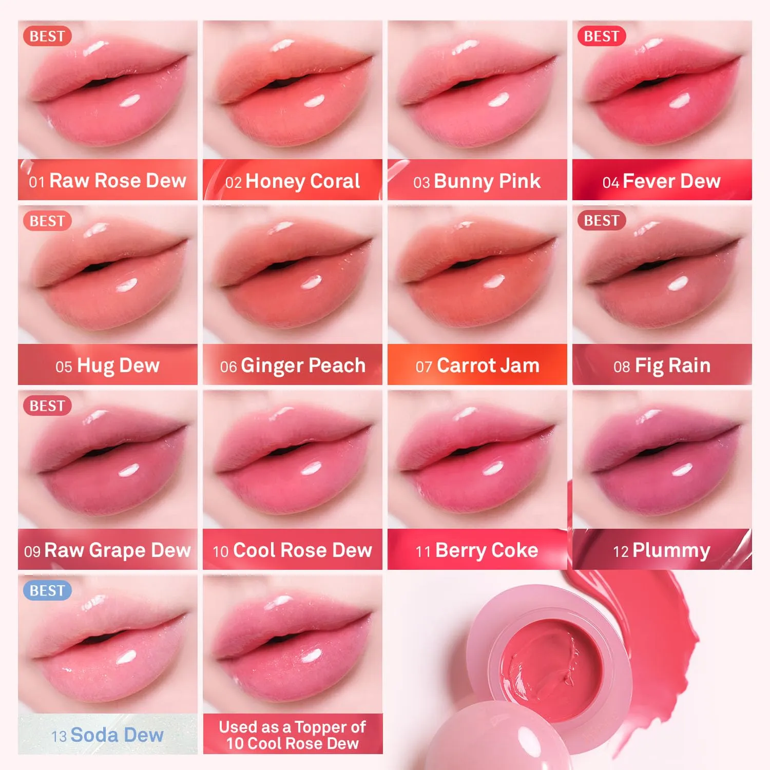 HINCE Raw Glow Dewy Ball - Tinted Lip Balm, Jelly Gloss Glow, Shine and Hydration, Lip & Blush Multiuse, Vegan, 0.12 oz. (13 colors) (COOL ROSE DEW)