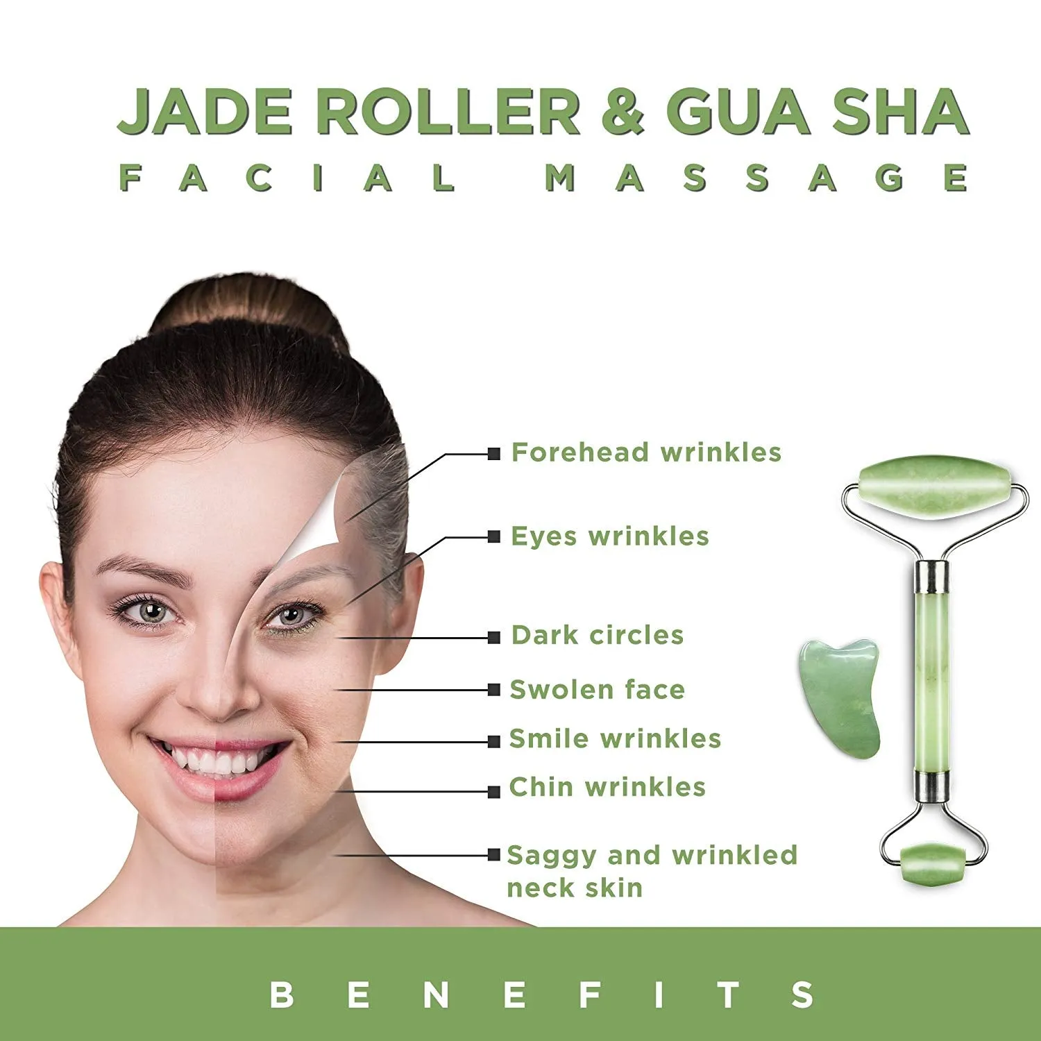Jade Roller and Gua Sha Scraping Massage Tool - Himalayan Anti-aging 100% Natural Facial Jade Stone Set - Face Eye Neck Beauty Roller For Slimming and Firming - Rejuvenate Skin and Remove Wrinkles