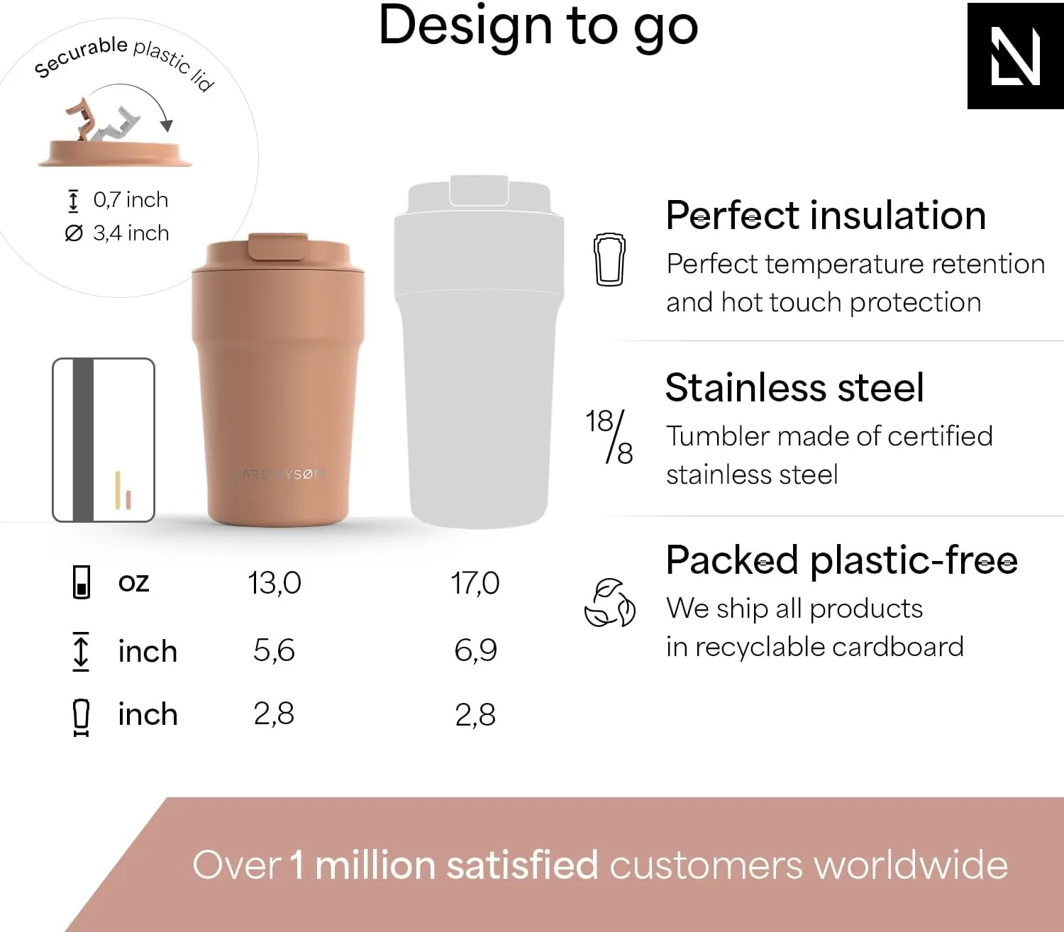 LARS NYSØM Thermo Coffee Mug to go 13oz | Travel Mug 0.38 Liter with Insulation | Leak Proof Stainless Steel Thermal Tumbler for Coffee and Tea on the Go (Blush Rose, 12.9oz)