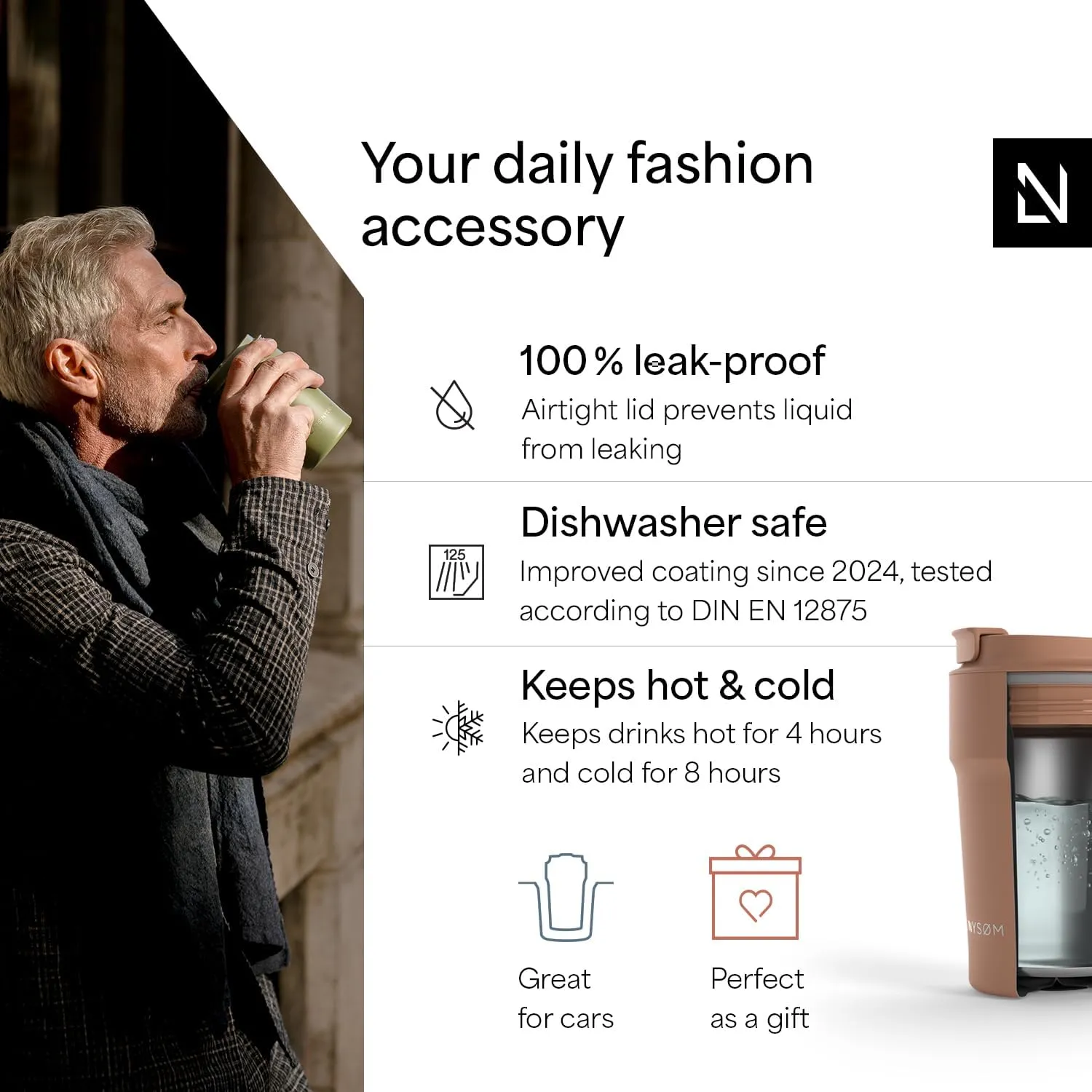 LARS NYSØM Thermo Coffee Mug to go 13oz | Travel Mug 0.38 Liter with Insulation | Leak Proof Stainless Steel Thermal Tumbler for Coffee and Tea on the Go (Blush Rose, 12.9oz)