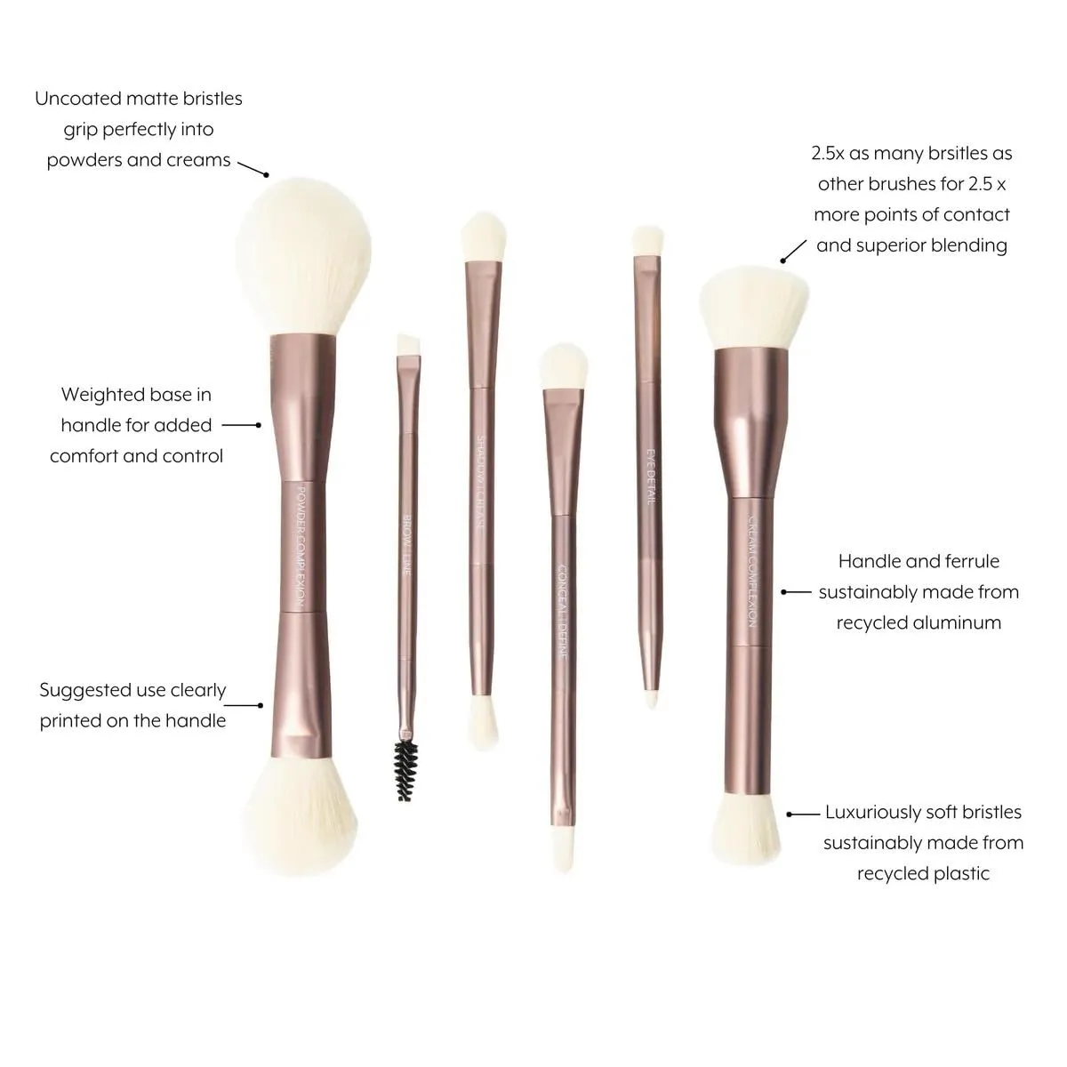 Luxury Sustainable 6 Dual Ended Makeup Brush Set with Vegan Leather Brush Case, Luxury Makeup Brush Set Professional, Vegan Soft Makeup Brushes for Face, Best Eye Brush Set for Travel.