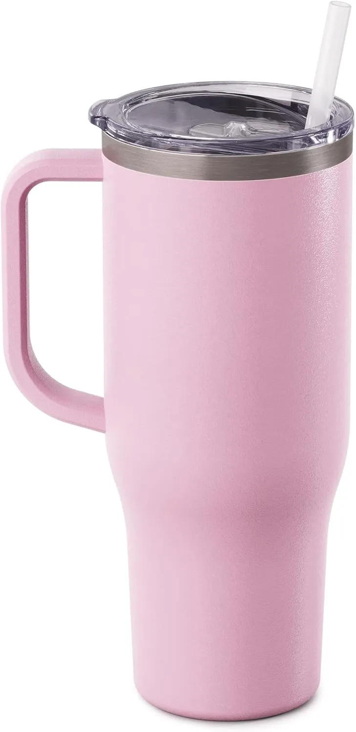 Maars Charger 40oz Insulated Travel Mug Tumbler with Handle | Double Wall Vacuum Sealed Stainless Steel Cup w/Straw and Lid, Blush Rose