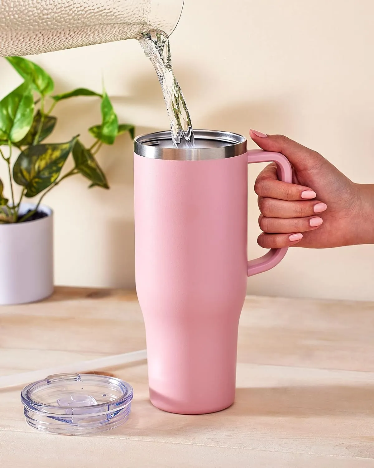 Maars Charger 40oz Insulated Travel Mug Tumbler with Handle | Double Wall Vacuum Sealed Stainless Steel Cup w/Straw and Lid, Blush Rose