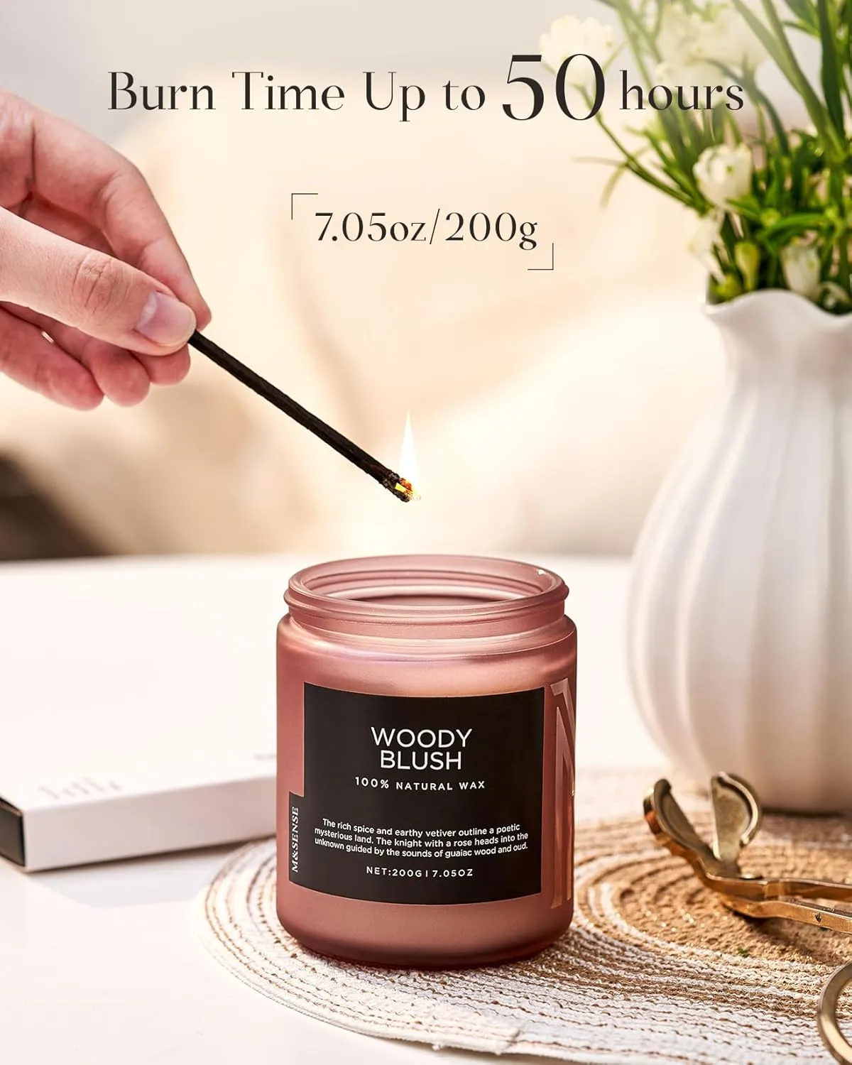 M&SENSE Woody Blush Soy Candles, Rose Vetiver Scented Candles 7.05oz 50 Hour Long Lasting Burn, Non Toxic Natural Luxury Candle Gifts for Women，Aromatherapy Candle for Relaxing Spa