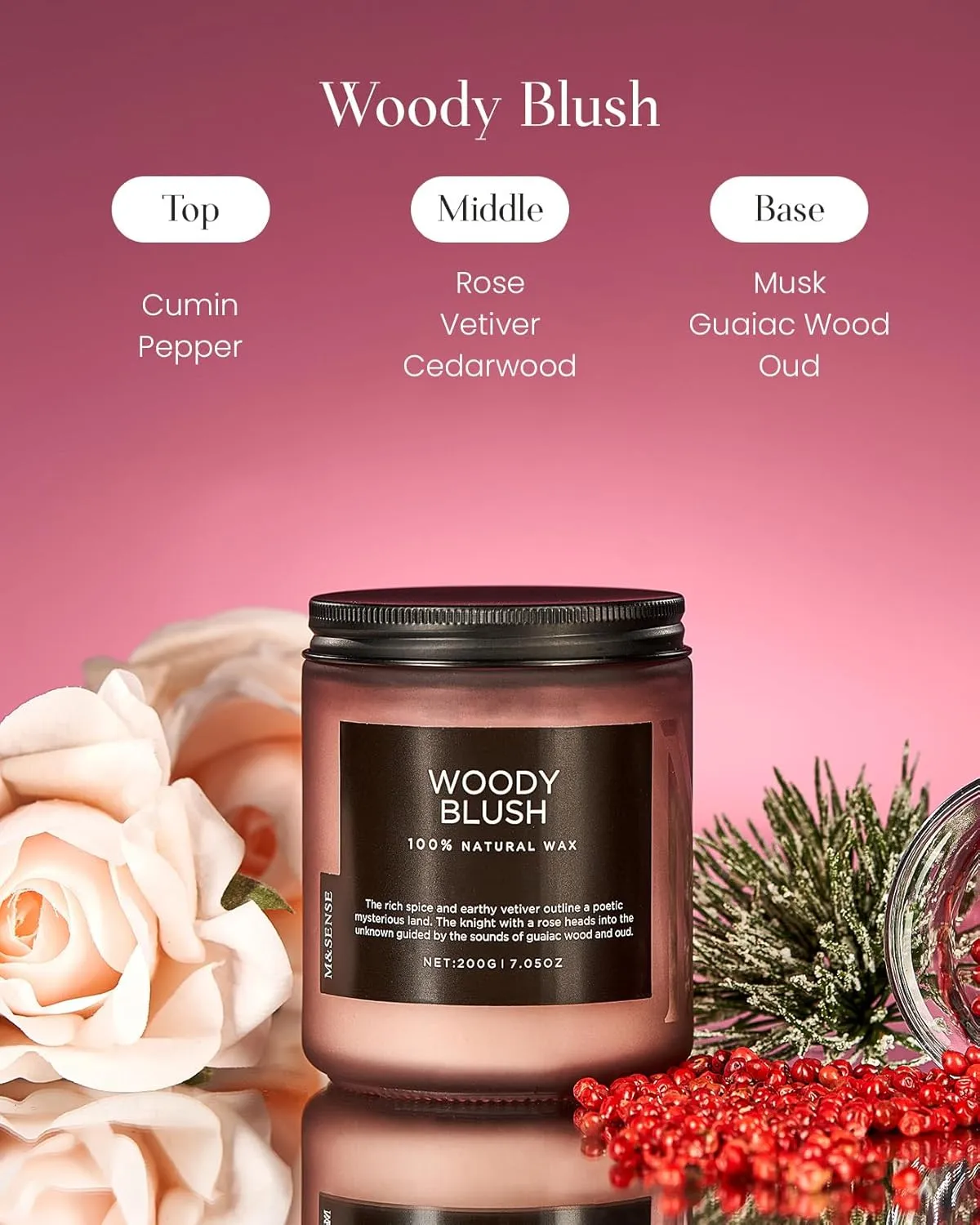 M&SENSE Woody Blush Soy Candles, Rose Vetiver Scented Candles 7.05oz 50 Hour Long Lasting Burn, Non Toxic Natural Luxury Candle Gifts for Women，Aromatherapy Candle for Relaxing Spa