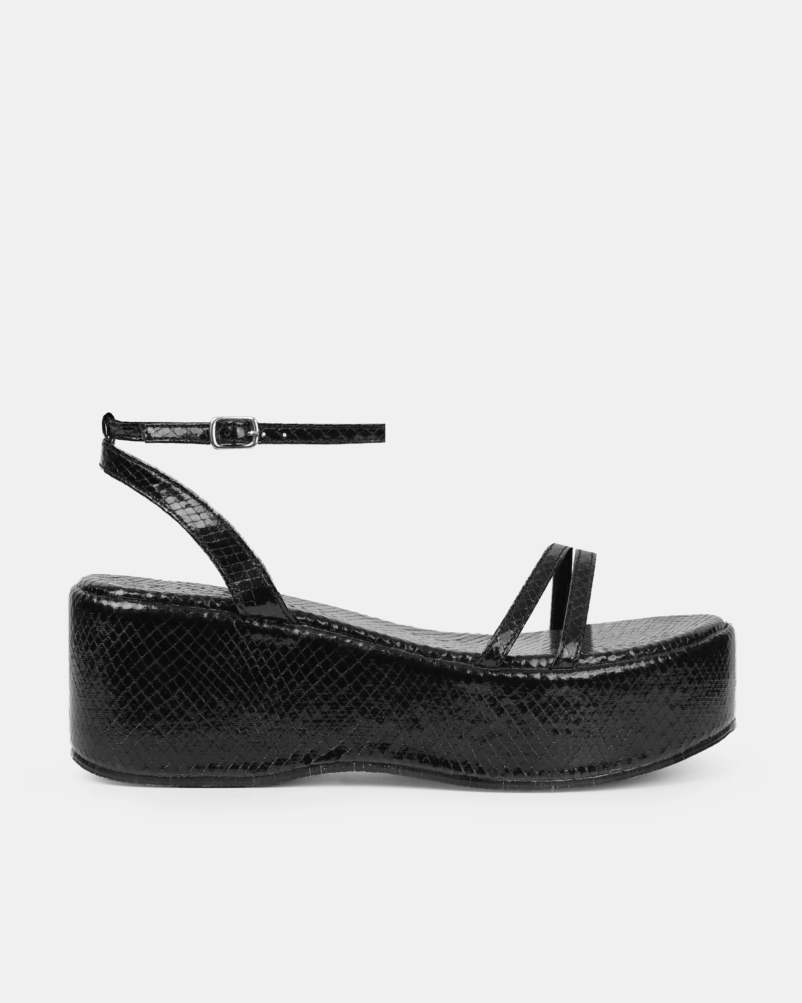 Mazey Black Snake Effect Flatform Sandals