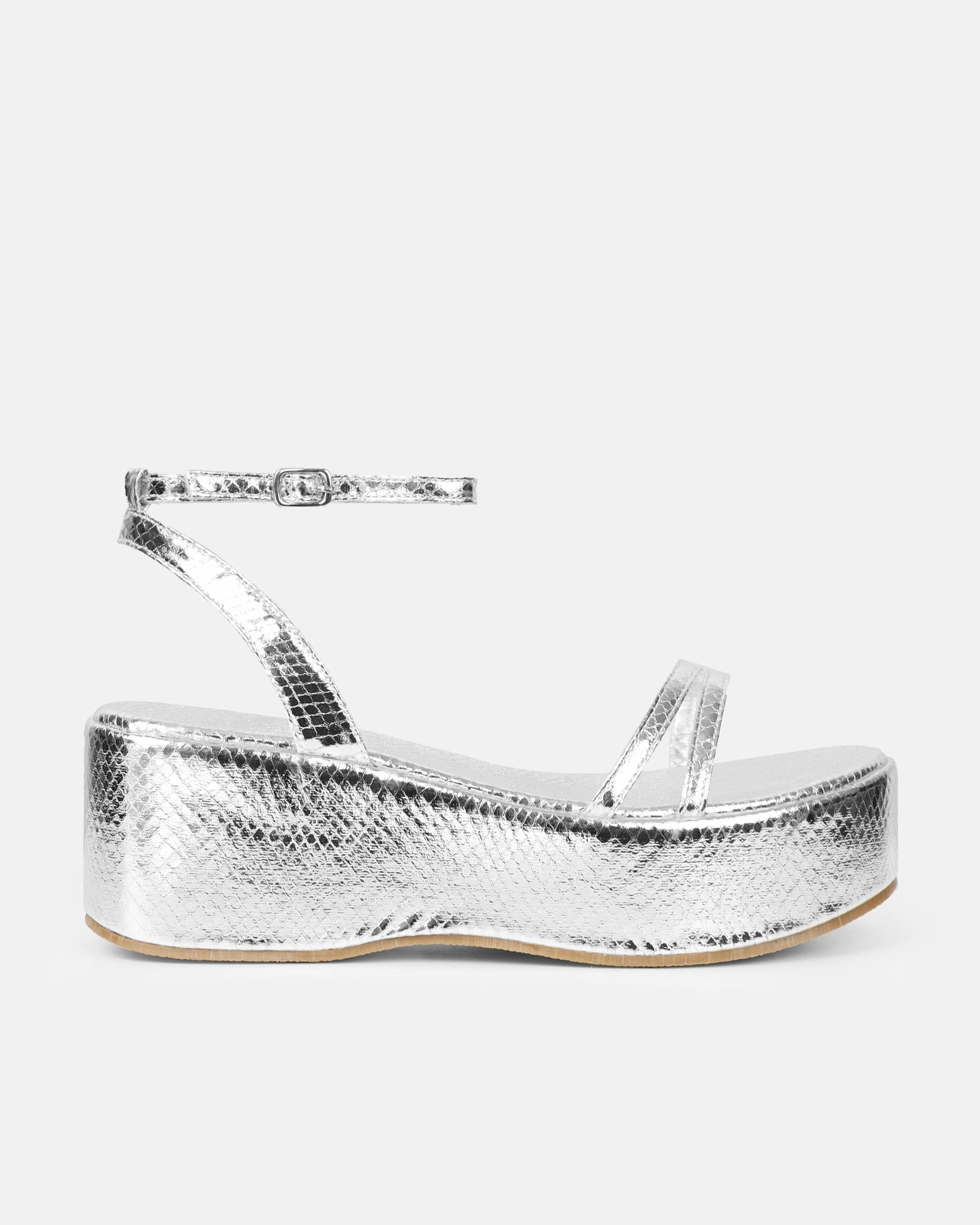 Mazey Silver Snake Effect Flatform Sandals
