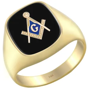 Men's 14k Yellow Gold Blue Lodge Onyx Gemstone Freemason Ring