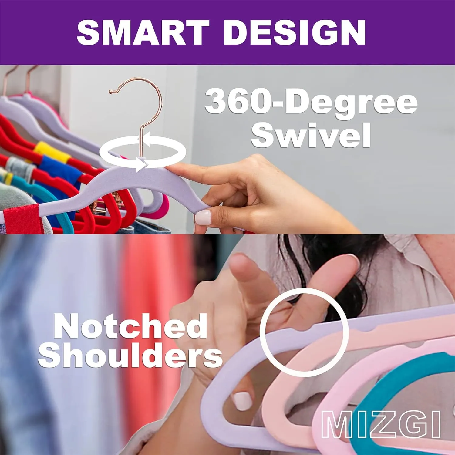 MIZGI Premium Velvet Hangers (50 Pack) Heavy Duty - Non Slip Felt Hangers - Blush Pink - Rose Gold 360 Degree Swivel Hooks,Space Saving Clothes Hanger,Durable Strong Hanger for Suits,Coats,Dress