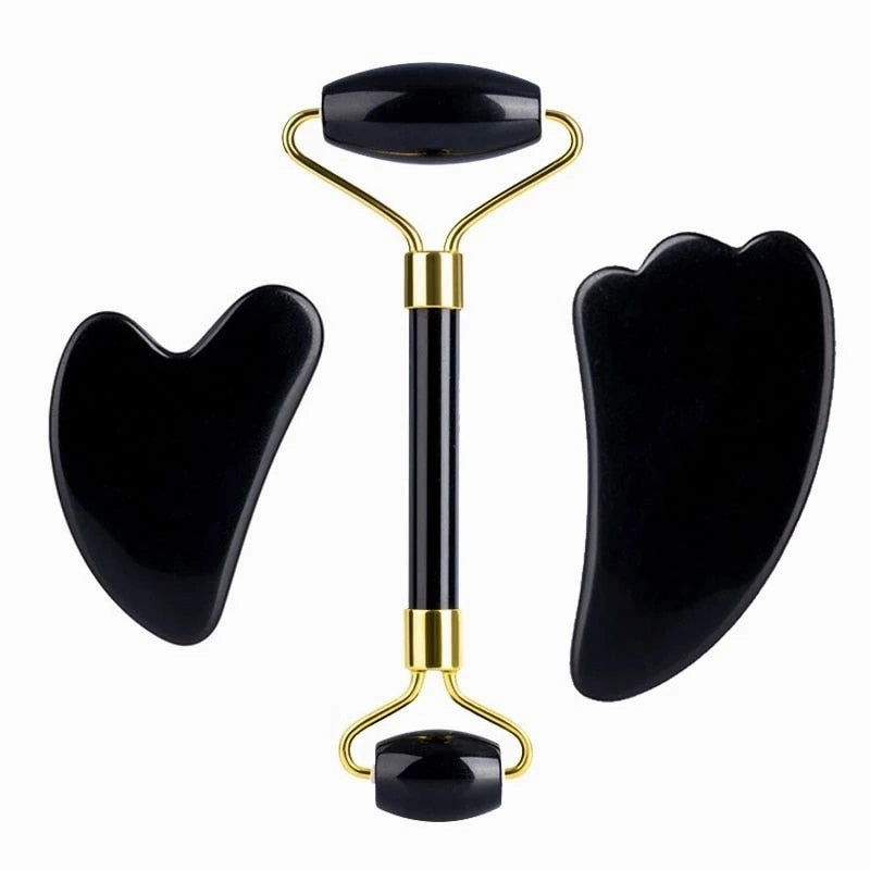 Natural Stone Guasha Massage Gouache Scraper For Face Jade Roller Massager Set Black Obsidian Gua Sha Board Facial SkinCare Tool