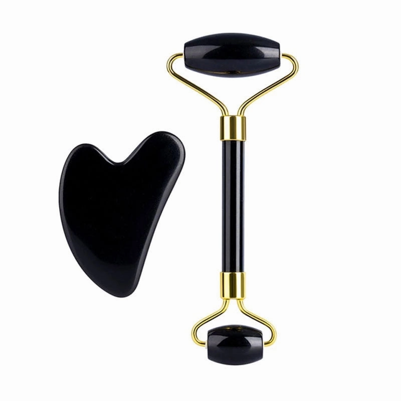 Natural Stone Guasha Massage Gouache Scraper For Face Jade Roller Massager Set Black Obsidian Gua Sha Board Facial SkinCare Tool