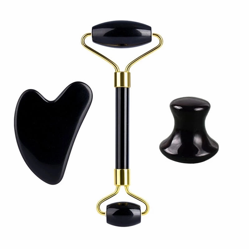 Natural Stone Guasha Massage Gouache Scraper For Face Jade Roller Massager Set Black Obsidian Gua Sha Board Facial SkinCare Tool