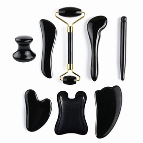 Natural Stone Guasha Massage Gouache Scraper For Face Jade Roller Massager Set Black Obsidian Gua Sha Board Facial SkinCare Tool