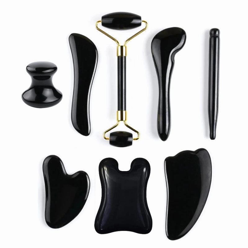 Natural Stone Guasha Massage Gouache Scraper For Face Jade Roller Massager Set Black Obsidian Gua Sha Board Facial SkinCare Tool