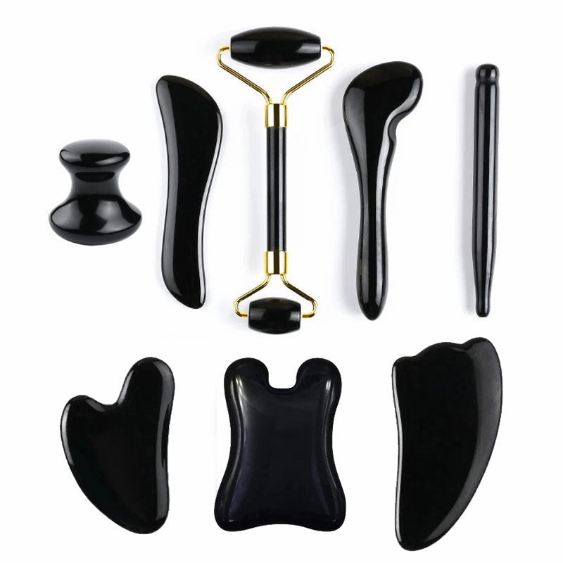 Natural Stone Guasha Massage Gouache Scraper For Face Jade Roller Massager Set Black Obsidian Gua Sha Board Facial SkinCare Tool