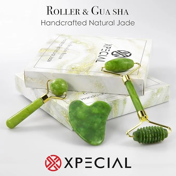 New XPECIAL Gua Sha & Jade Roller 3 in 1, Face Roller, Guasha Facial Massage Skin Care Tool Set, Massager for Removal of Wrinkles & Eye Puffiness, Anti-Aging & Body Relaxation