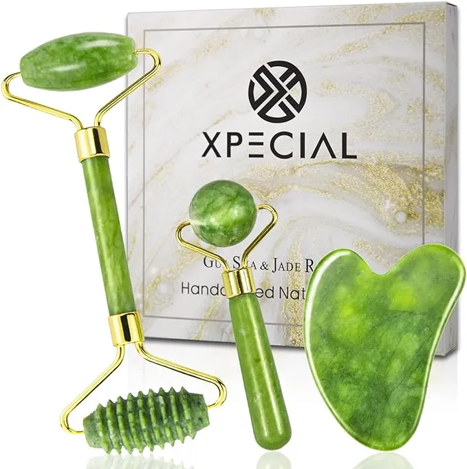 New XPECIAL Gua Sha & Jade Roller 3 in 1, Face Roller, Guasha Facial Massage Skin Care Tool Set, Massager for Removal of Wrinkles & Eye Puffiness, Anti-Aging & Body Relaxation