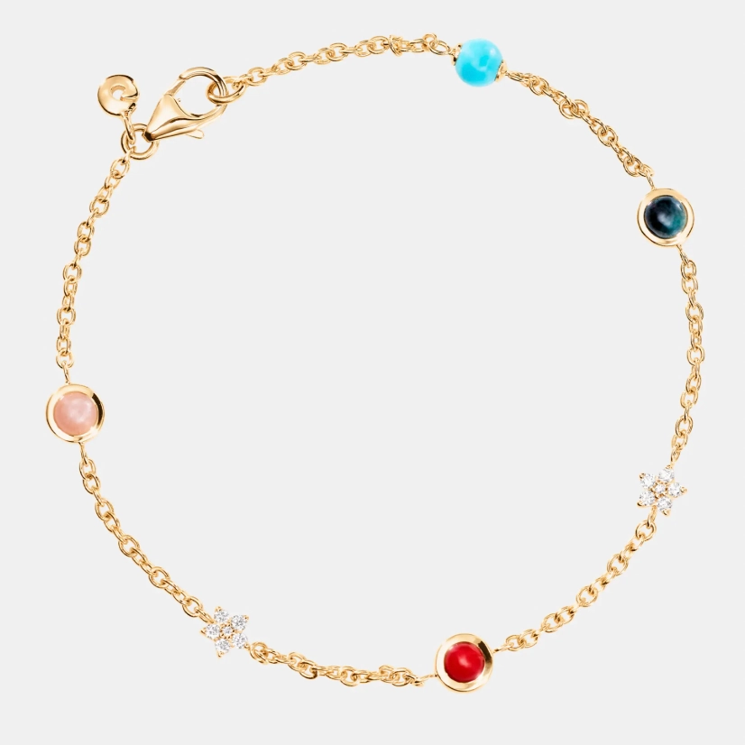 Ole Lynggaard Shooting Stars 18K Gold Bracelet with Diamonds, Blush Moonstone, Turquoise, Blue Topaz, & Coral