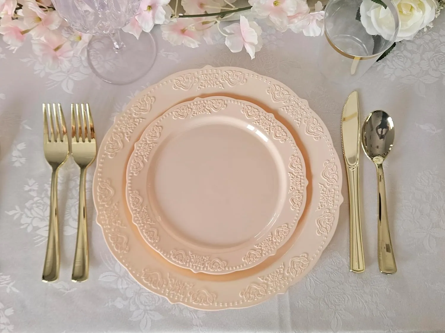 " OCCASIONS " 150 Piece set (25 Guests) Vintage Wedding Party Disposable Dinnerware Set Plastic Plates 10.25'', 7.5''   Silverware w/double fork (Portofino in Blush/Antique Rose)
