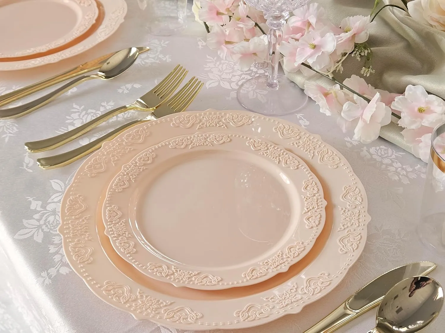 " OCCASIONS " 150 Piece set (25 Guests) Vintage Wedding Party Disposable Dinnerware Set Plastic Plates 10.25'', 7.5''   Silverware w/double fork (Portofino in Blush/Antique Rose)