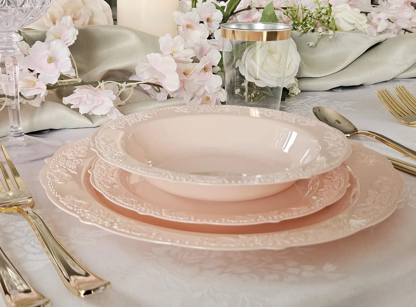 " OCCASIONS " 150 Piece set (25 Guests) Vintage Wedding Party Disposable Dinnerware Set Plastic Plates 10.25'', 7.5''   Silverware w/double fork (Portofino in Blush/Antique Rose)