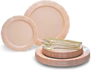 " OCCASIONS " 150 Piece set (25 Guests) Vintage Wedding Party Disposable Dinnerware Set Plastic Plates 10.25'', 7.5''   Silverware w/double fork (Portofino in Blush/Antique Rose)