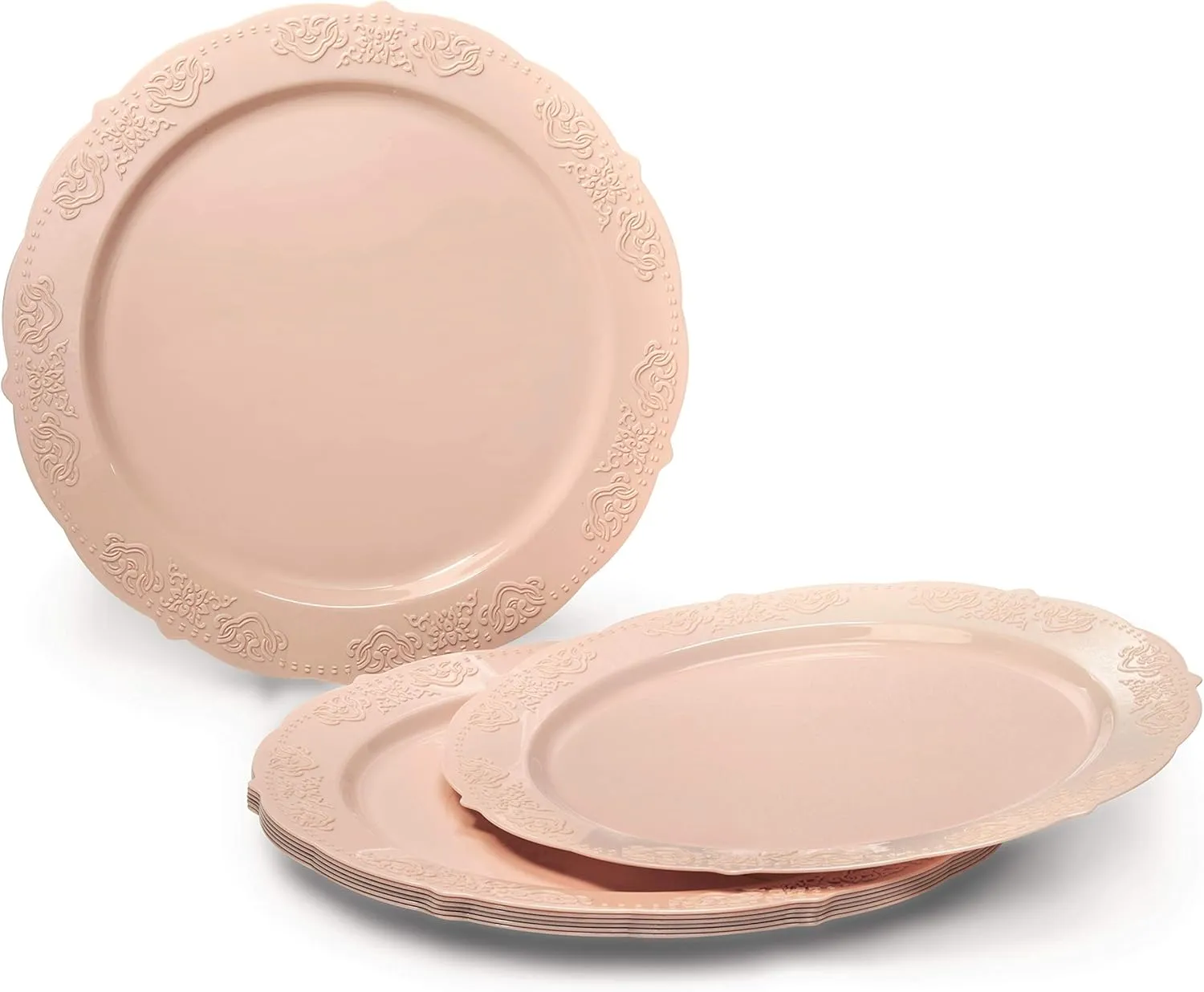 " OCCASIONS " 150 Piece set (25 Guests) Vintage Wedding Party Disposable Dinnerware Set Plastic Plates 10.25'', 7.5''   Silverware w/double fork (Portofino in Blush/Antique Rose)