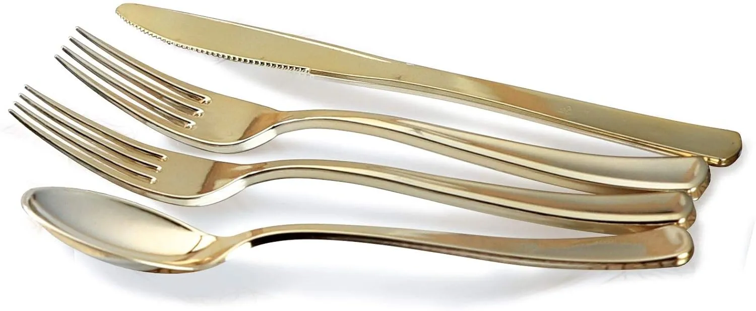 " OCCASIONS " 150 Piece set (25 Guests) Vintage Wedding Party Disposable Dinnerware Set Plastic Plates 10.25'', 7.5''   Silverware w/double fork (Portofino in Blush/Antique Rose)