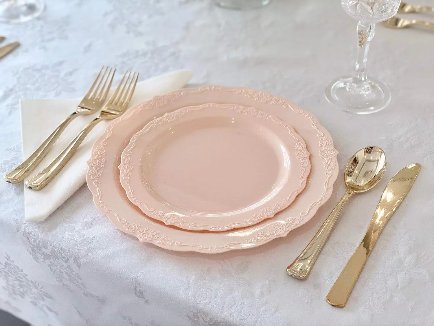 " OCCASIONS " 150 Piece set (25 Guests)-Vintage Wedding Plastic Plates & cutlery -Disposable Dinnerware 10'', 7.5''   Silverware w/double fork (Verona in Blush/Antique Rose