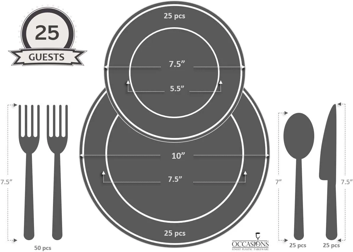" OCCASIONS " 150 Piece set (25 Guests)-Vintage Wedding Plastic Plates & cutlery -Disposable Dinnerware 10'', 7.5''   Silverware w/double fork (Verona in Blush/Antique Rose