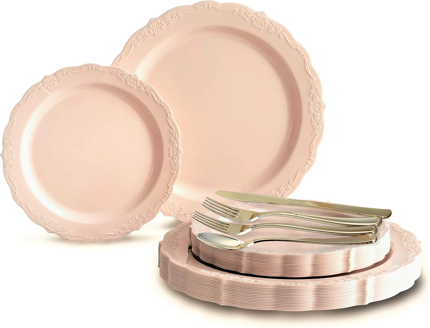 " OCCASIONS " 150 Piece set (25 Guests)-Vintage Wedding Plastic Plates & cutlery -Disposable Dinnerware 10'', 7.5''   Silverware w/double fork (Verona in Blush/Antique Rose