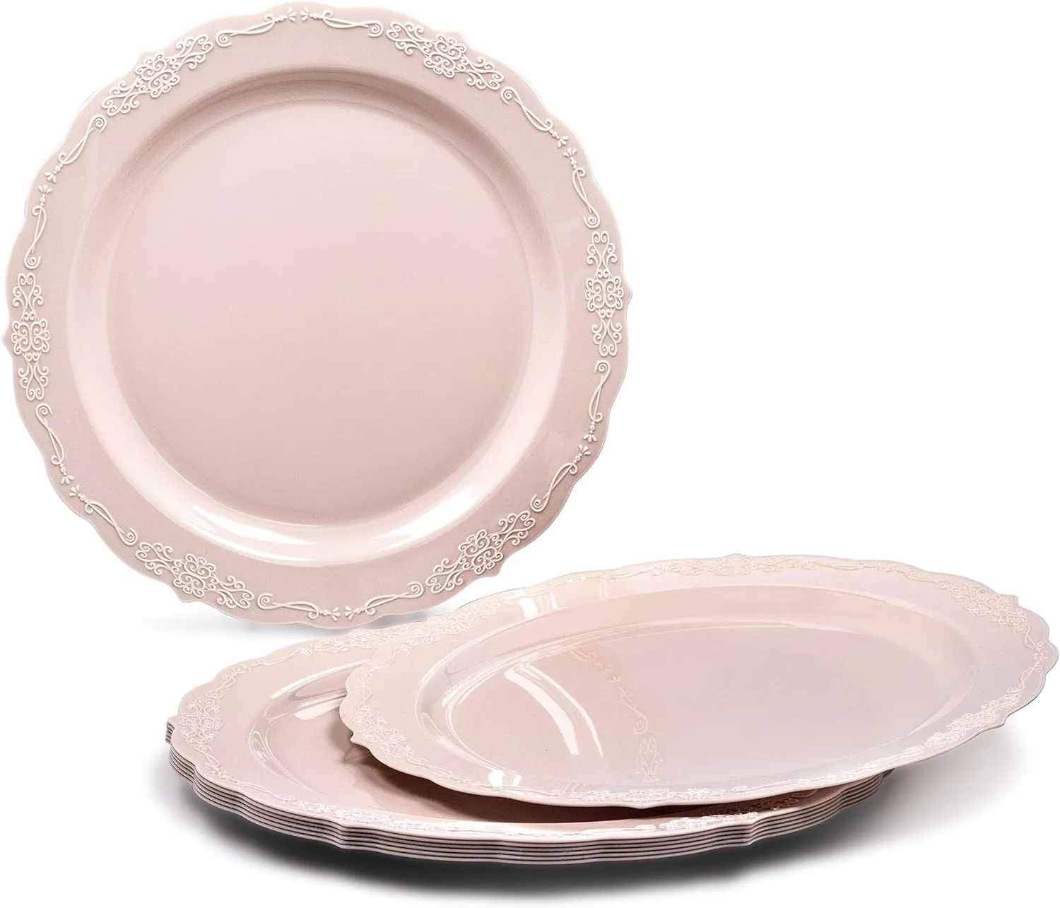" OCCASIONS " 150 Piece set (25 Guests)-Vintage Wedding Plastic Plates & cutlery -Disposable Dinnerware 10'', 7.5''   Silverware w/double fork (Verona in Blush/Antique Rose