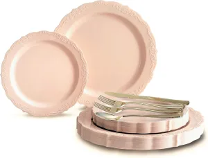 " OCCASIONS " 150 Piece set (25 Guests)-Vintage Wedding Plastic Plates & cutlery -Disposable Dinnerware 10'', 7.5''   Silverware w/double fork (Verona in Blush/Antique Rose