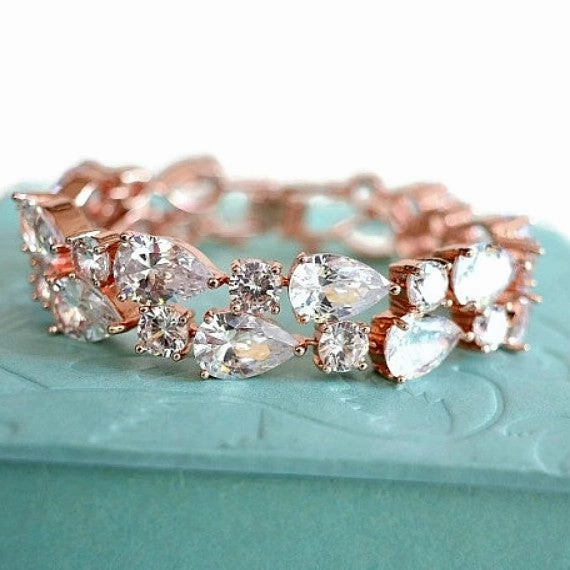 Rose Gold Cubic Zirconia Bridal Bracelet. CZ Crystal Bridal Wedding Cuff Bracelet. Tennis Crystal Bracelet. Blush Rose Gold Wedding Jewelry