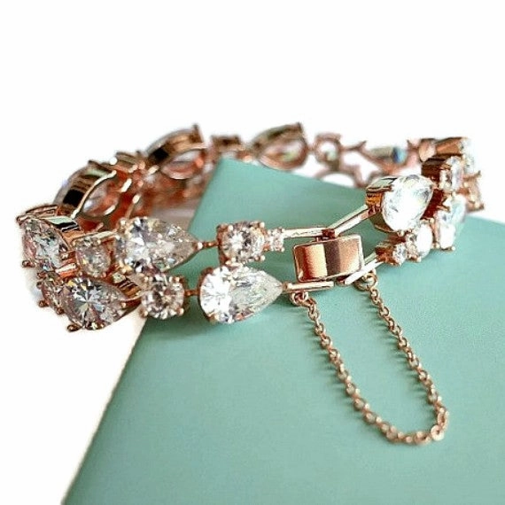 Rose Gold Cubic Zirconia Bridal Bracelet. CZ Crystal Bridal Wedding Cuff Bracelet. Tennis Crystal Bracelet. Blush Rose Gold Wedding Jewelry